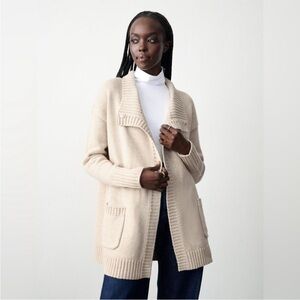White + Warren Wool Blend Cowl Neck Long Open Sweater Cardigan Jacket Medium